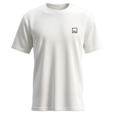 A white crew neck t-shirt with minimalist embroidery on the chest area.