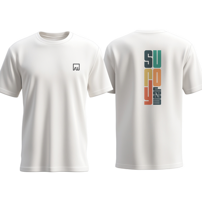 Navy blue crew neck t-shirt with multi-colored text 'SUROY' printed on the back in a gradient of orange, green, and white.